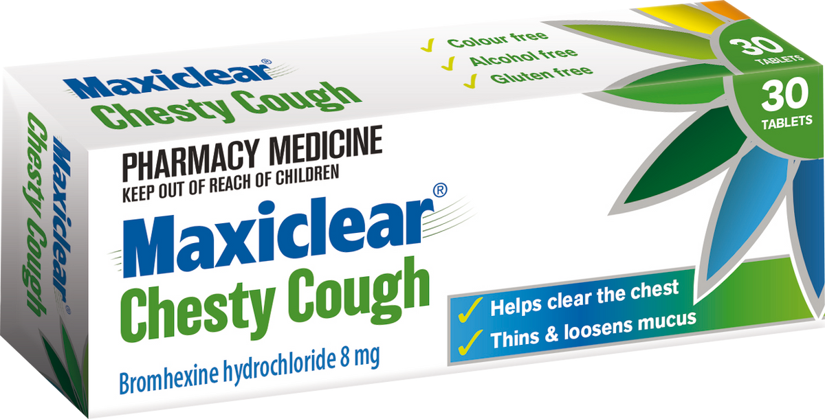 MAXICLEAR CHESTY COUGH TABLETS 8MG 30 chesty,chesty cough,chesty cugh,cold and cough,issues,maxiclear