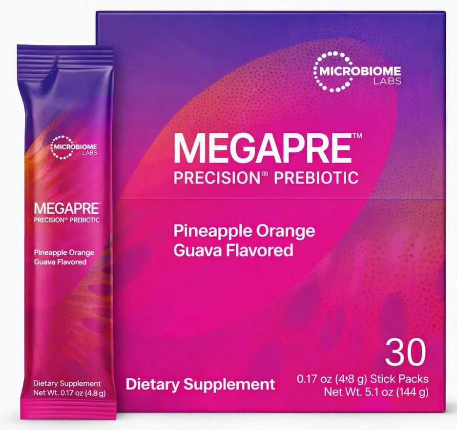 Microbiome Labs MegaPre Powder Stick Packs Pineapple Orange Guava 30 Stick Packs – Precision Prebiotic On-the-Go