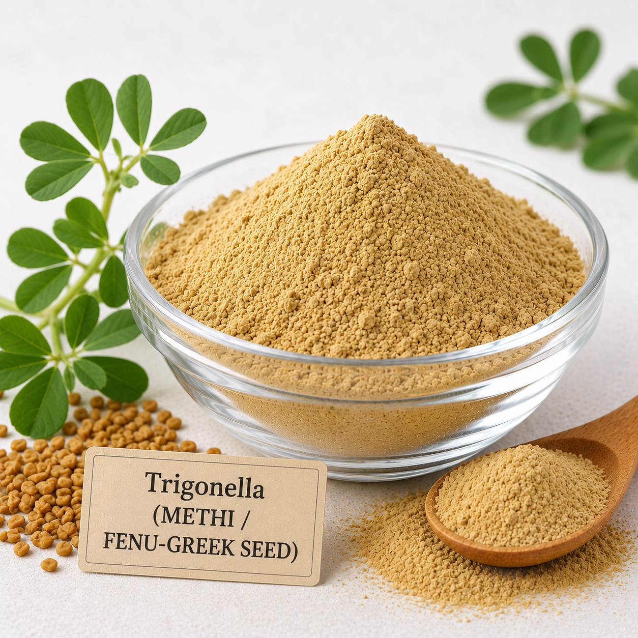 Radico Organic Methi Seed Powder beside milled fenugreek seed
