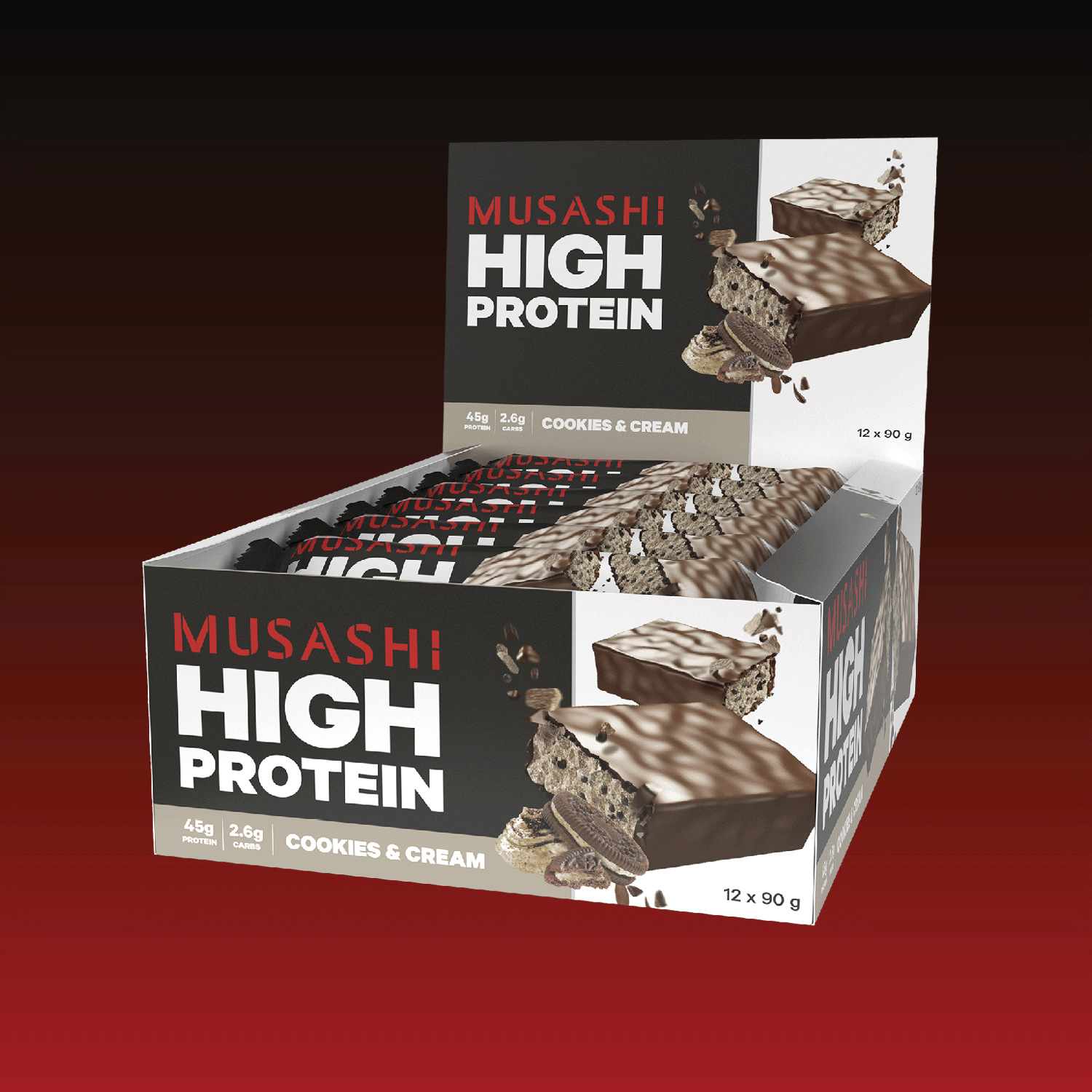 Musashi High Protein Bar Cookies & Cream Box 12 x 90g – High Protein Snack Bar