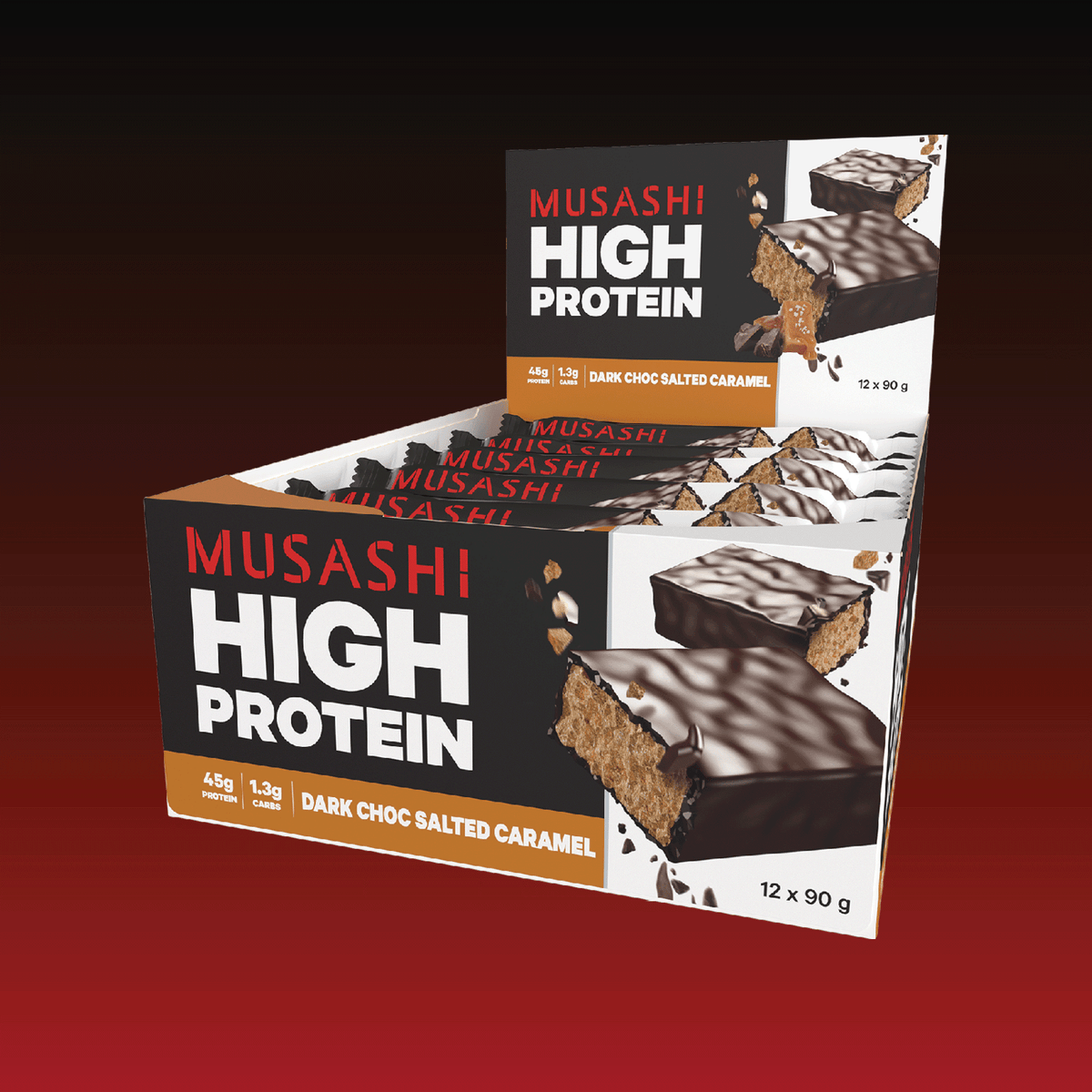 Musashi High Protein Bar Dark Choc Salted Caramel Box 12 x 90g – High Protein Snack Bar