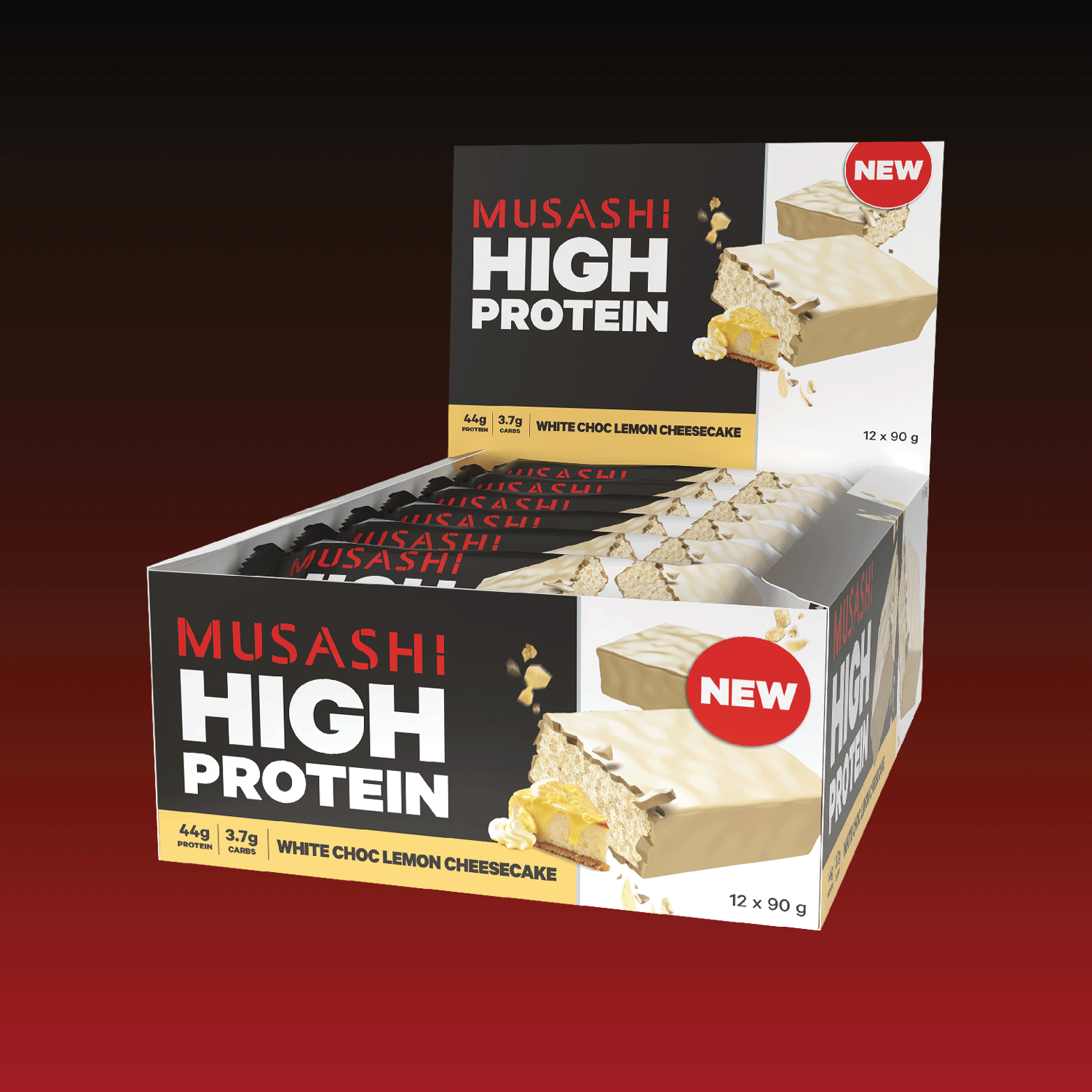 Musashi High Protein Bar White Choc Lemon Cheesecake Box 12 x 90g – High Protein Snack Bar