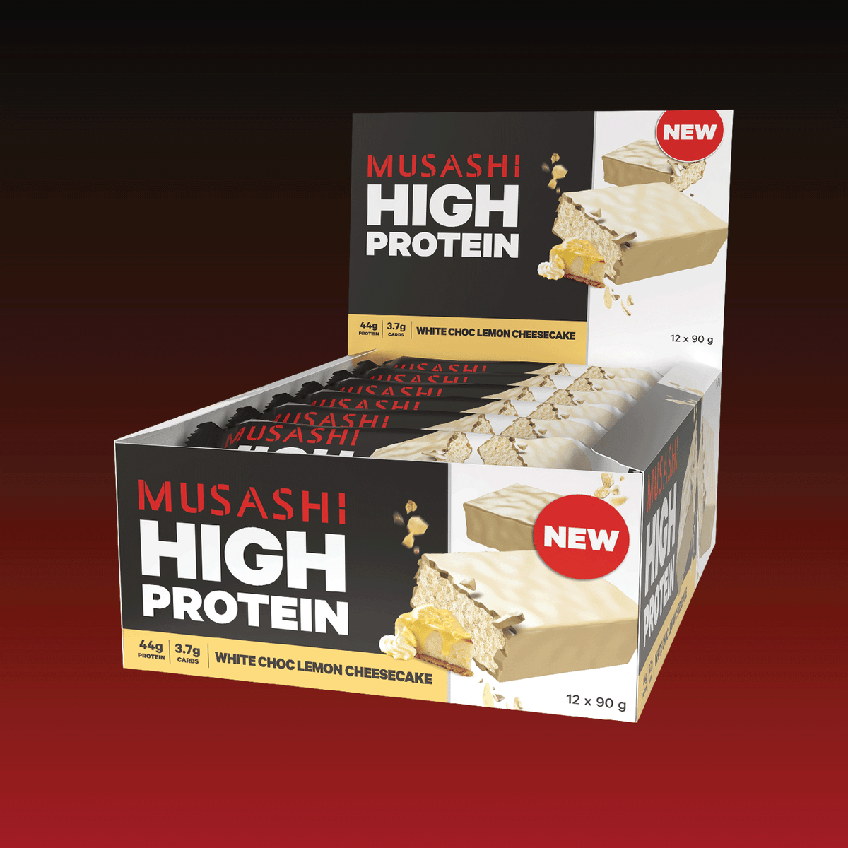 Musashi High Protein Bar White Choc Lemon Cheesecake Box 12 x 90g – High Protein Snack Bar