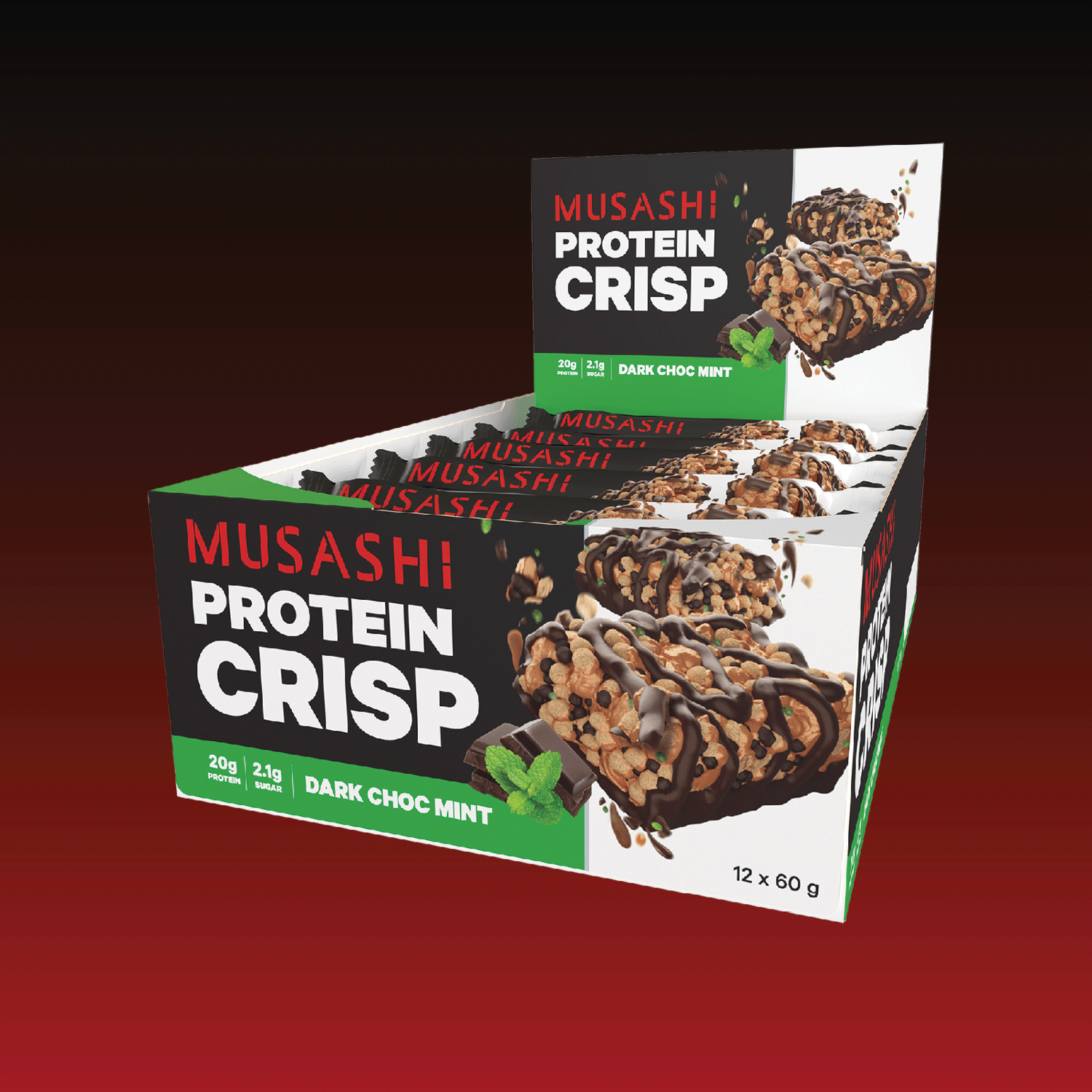 Musashi Protein Crisp Bar Dark Choc Mint Box 12 x 60g – High Protein Snack Bar