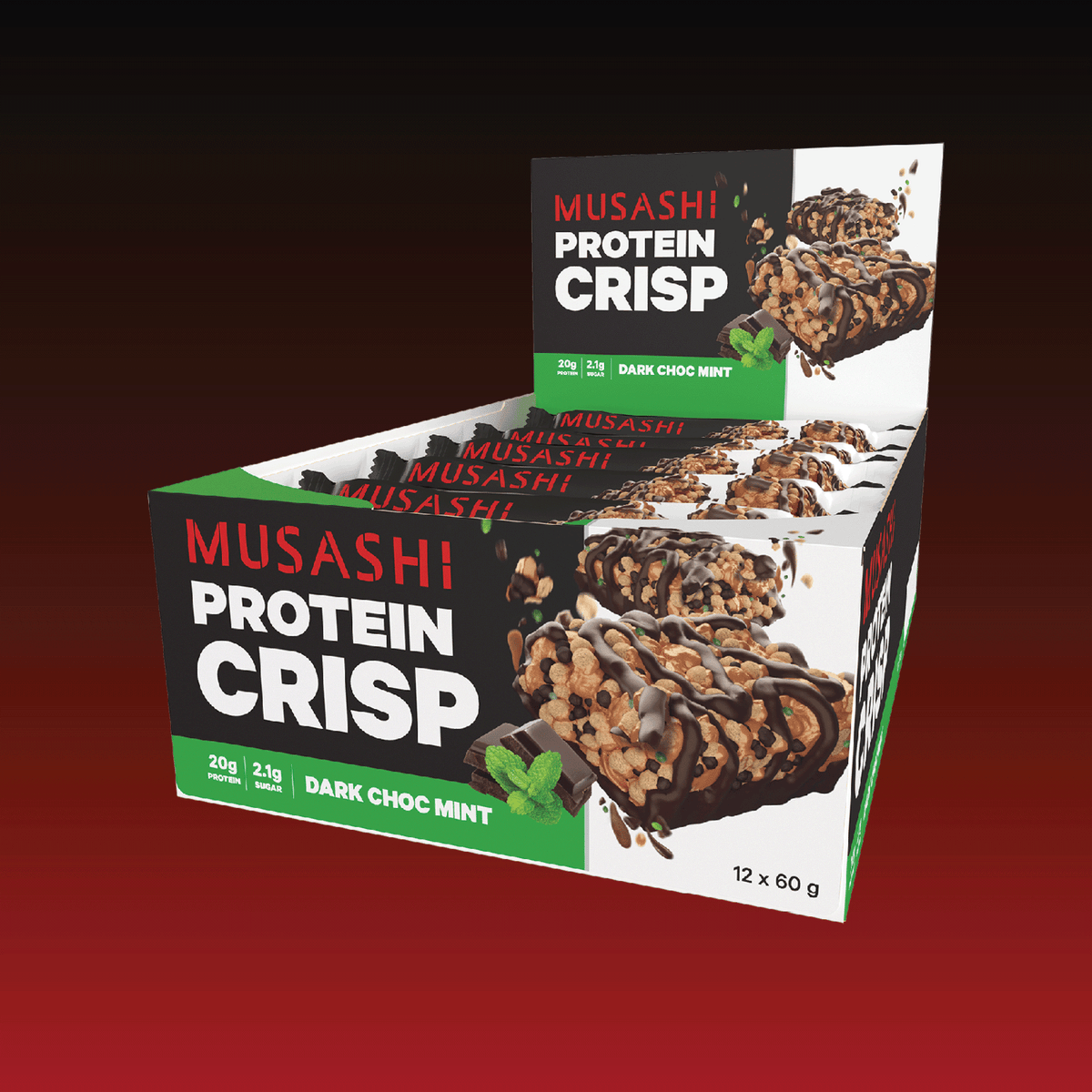 Musashi Protein Crisp Bar Dark Choc Mint Box 12 x 60g – High Protein Snack Bar