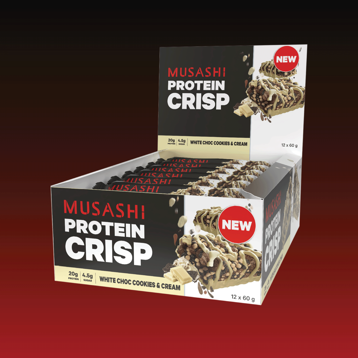 Musashi Protein Crisp Bar White Choc Cookies & Cream Box 12 x 60g – High Protein Snack Bar