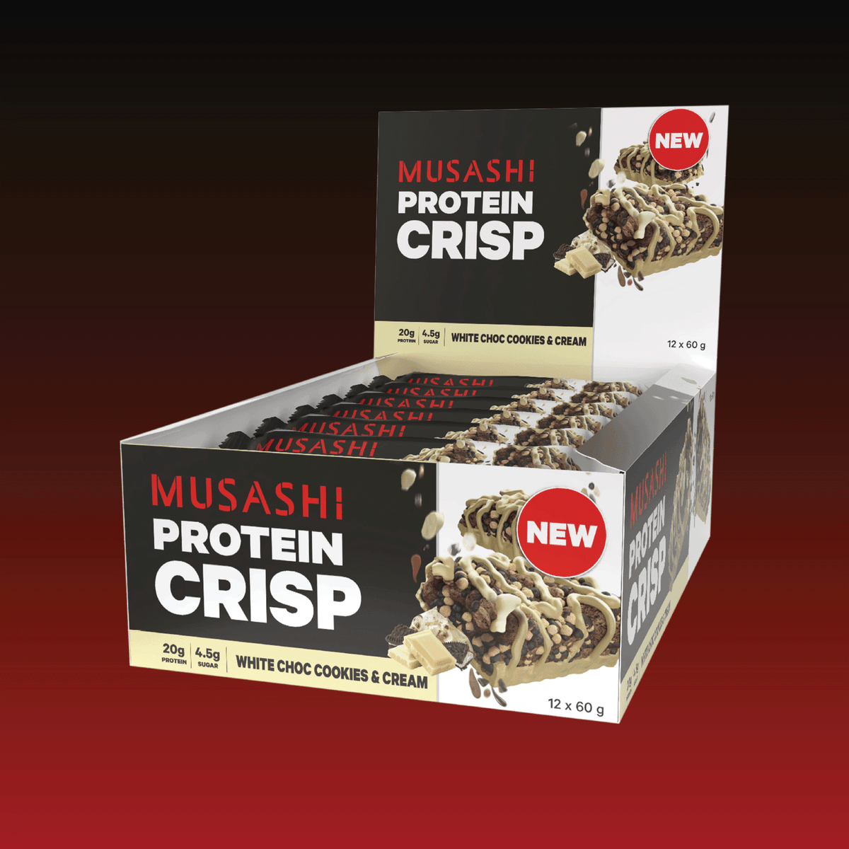 Musashi Protein Crisp Bar White Choc Cookies & Cream Box 12 x 60g – High Protein Snack Bar