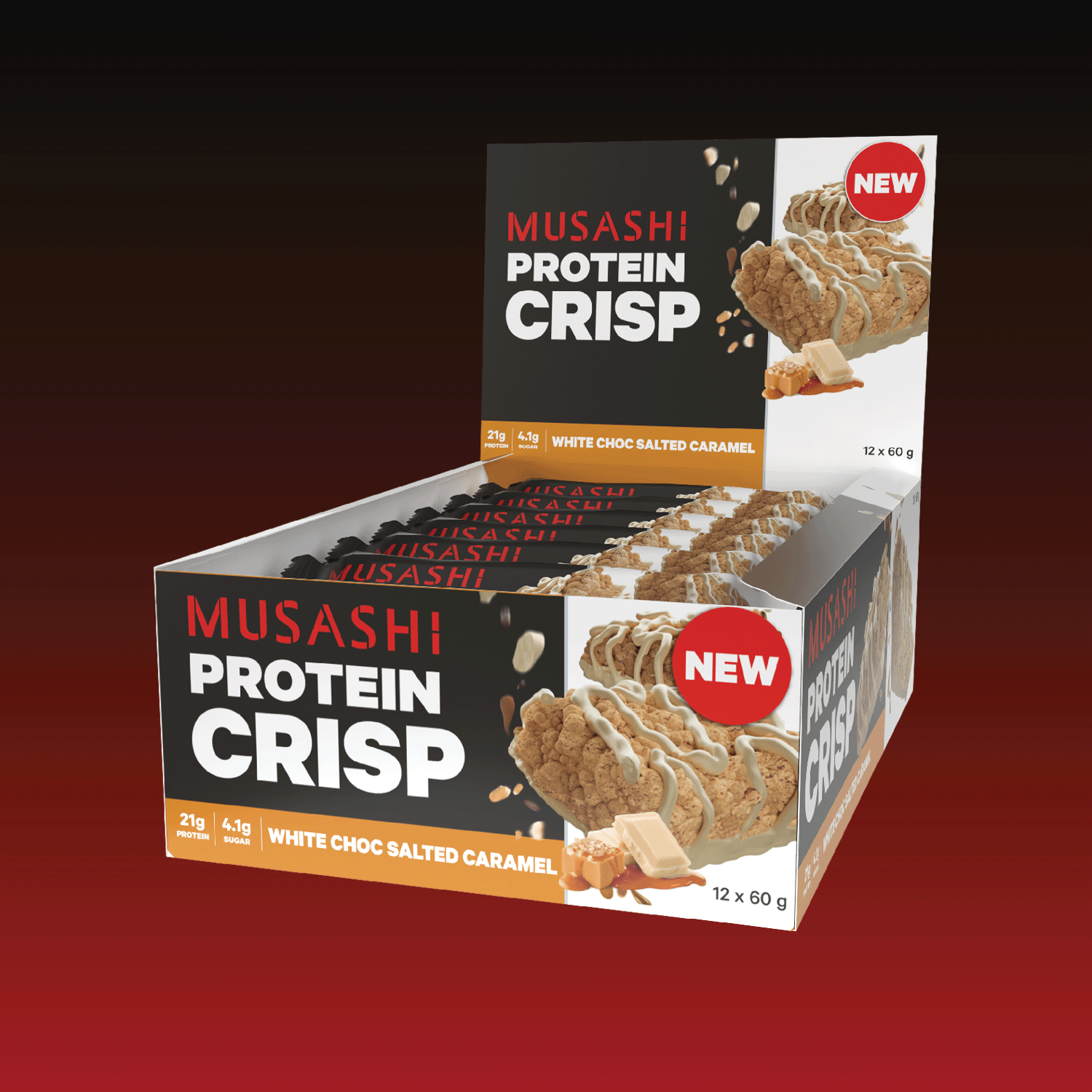 Musashi Protein Crisp Bar White Choc Salted Caramel Box 12 x 60g – High Protein Snack Bar