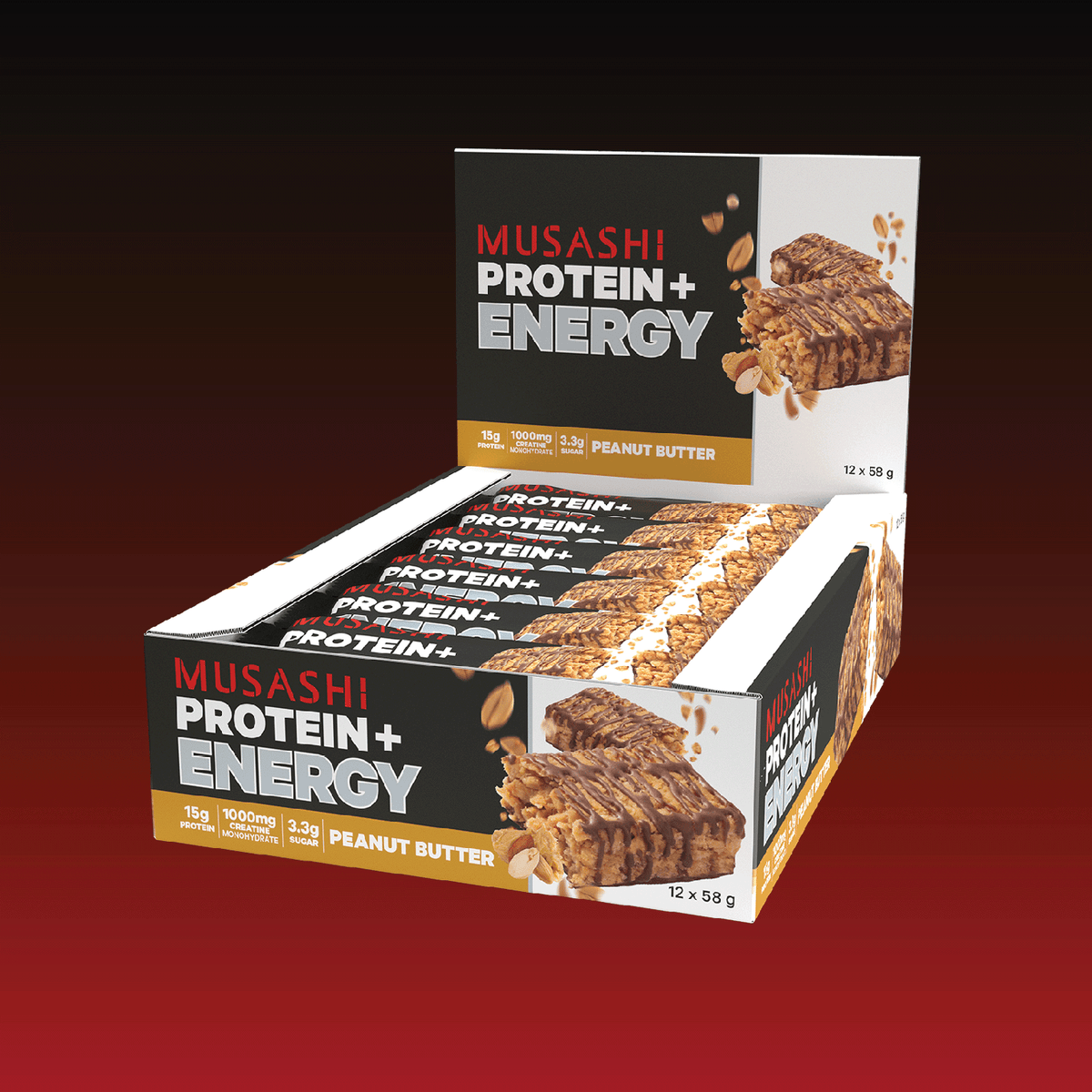 Musashi Protein + Energy Bar Peanut Butter Box 12 x 58g – Protein + Energy Bar Snack
