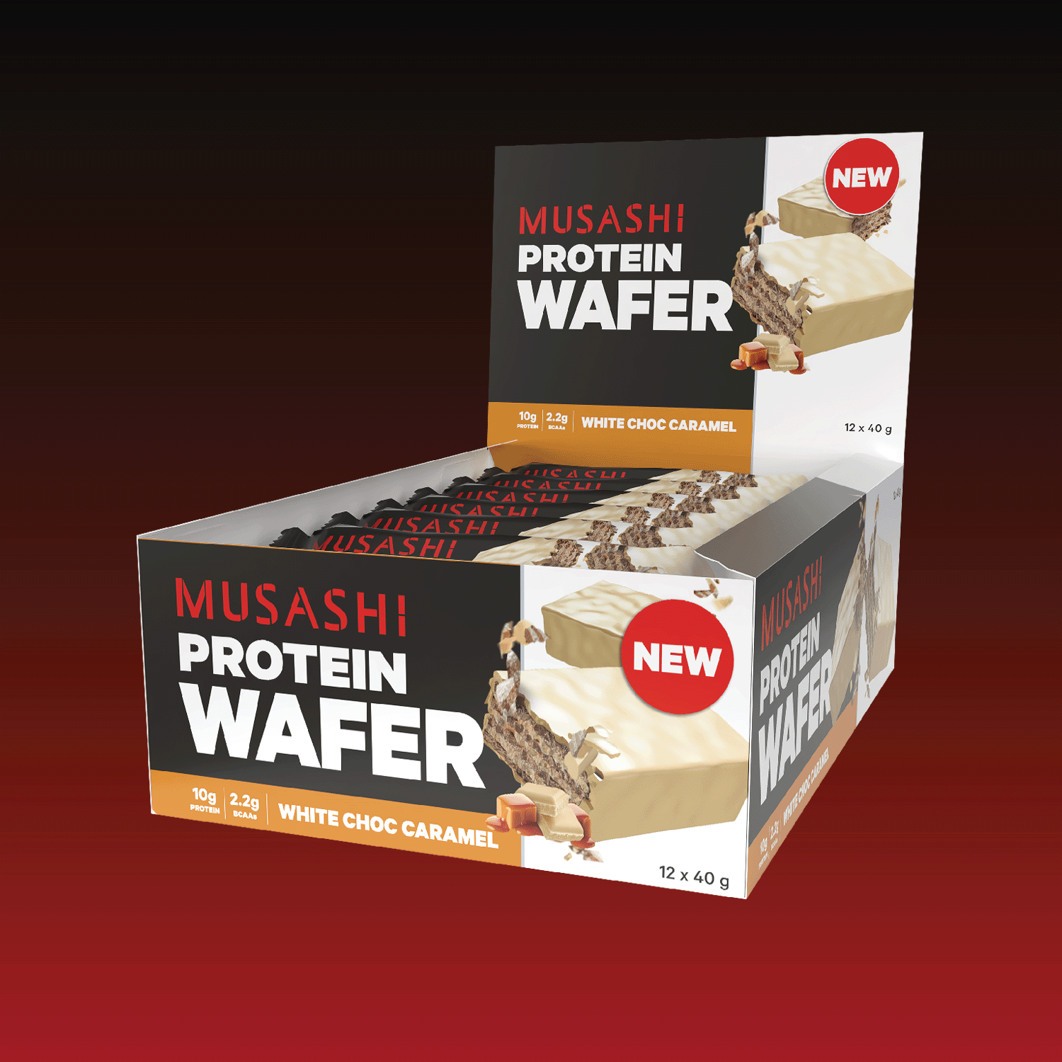 Musashi Protein Wafer White Choc Caramel Box 12 x 40g – Protein Wafer Snack