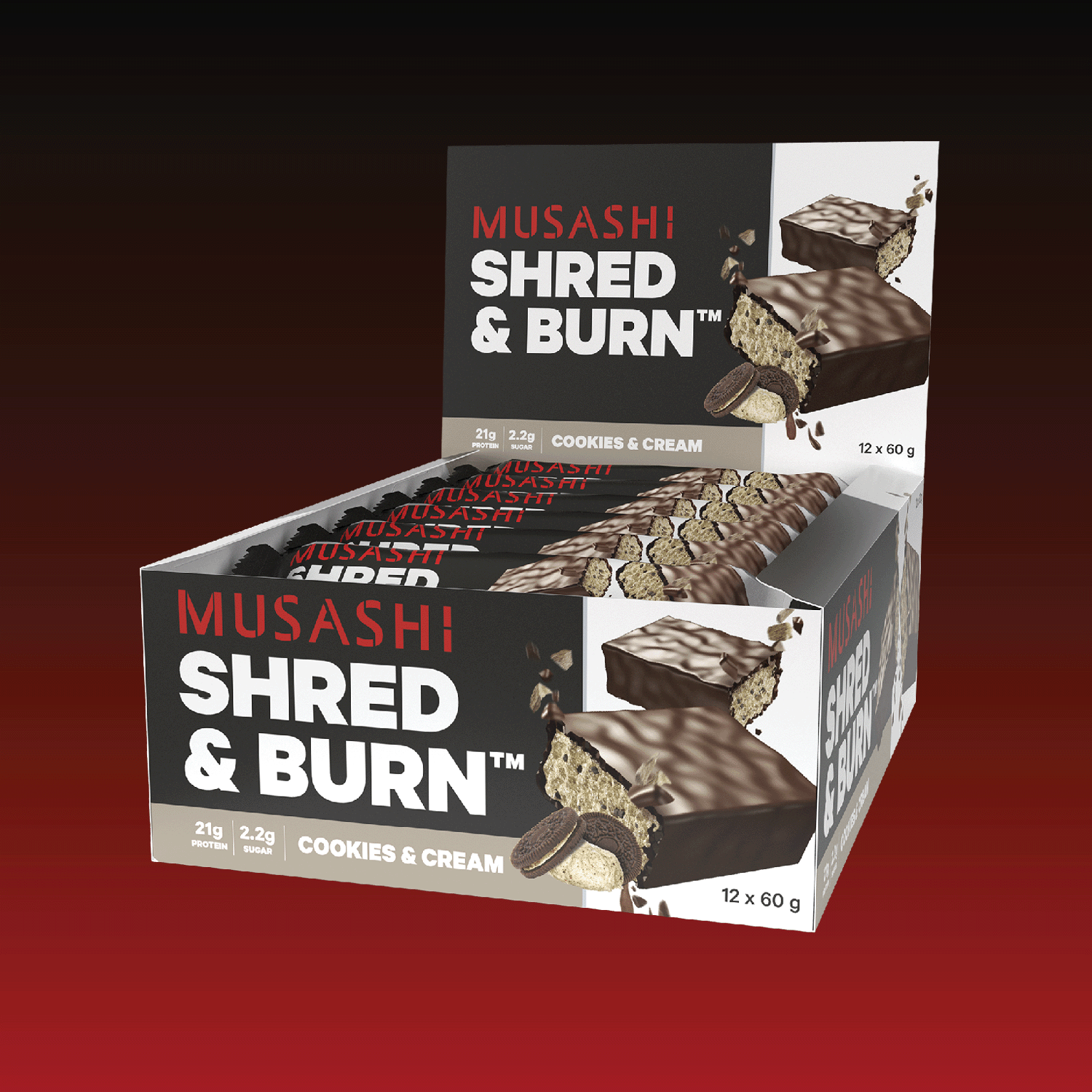 Musashi Shred & Burn Bar Cookies & Cream Box 12 x 60g – Protein Bar from the SHRED Range