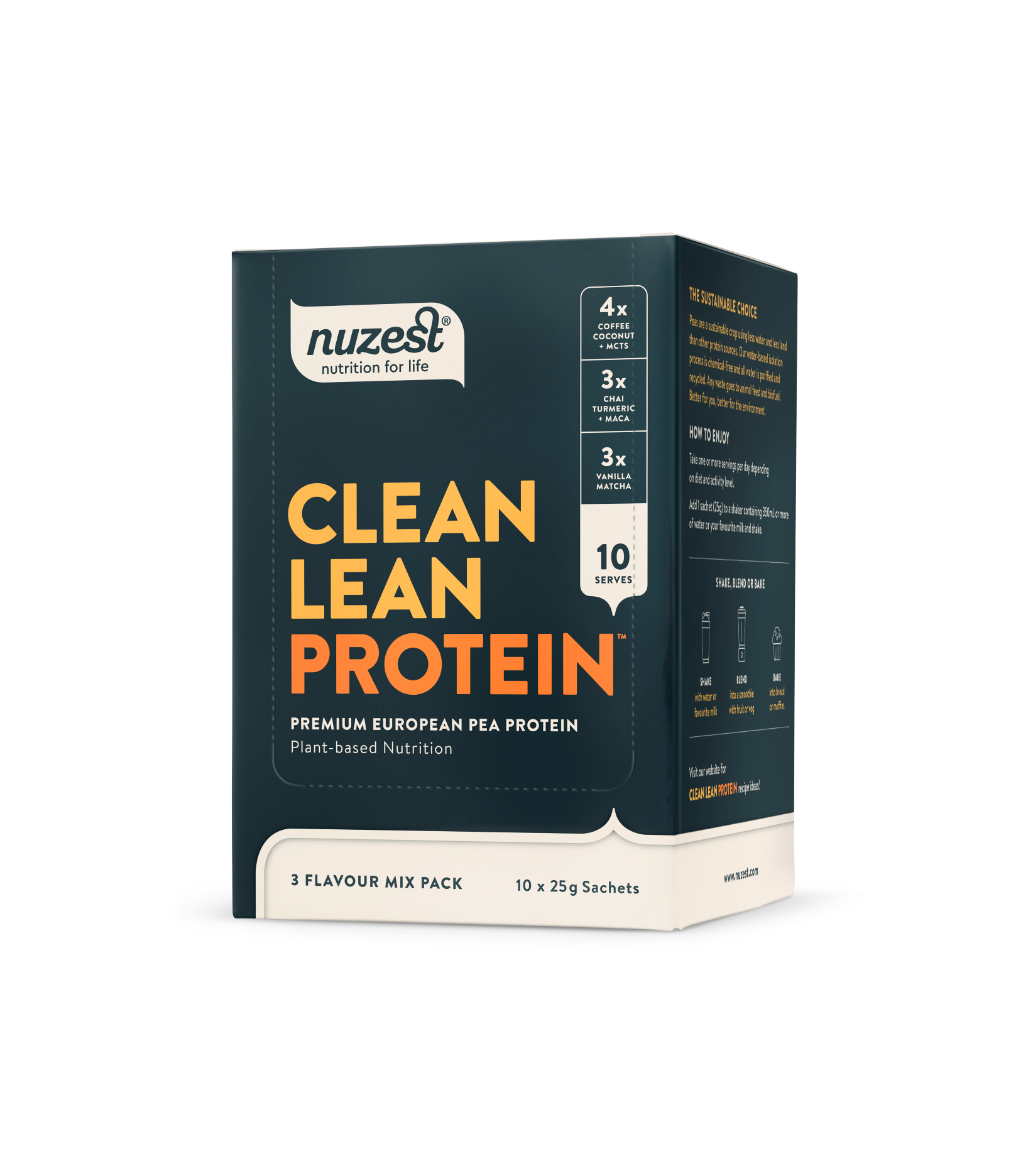 Nuzest Clean Lean Protein sachet box 3 flavours Mix pack with plant-based nutrition and premium European pea protein.