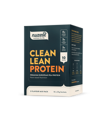 Nuzest Clean Lean Protein sachet box 3 flavours Mix pack with plant-based nutrition and premium European pea protein.