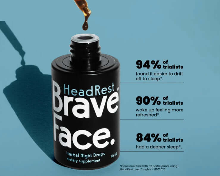 BraveFace HeadRest Night Drops 45mL anxiolytic effect,brain cognition gut health mood,brain tonic,calm,CALM BODY AND MIND RELAXATION,Calm Mind,calm mind and relaxed body,calm rapidly,Calming,calming and settling properties,Calming Tea,calming the mind,Cal