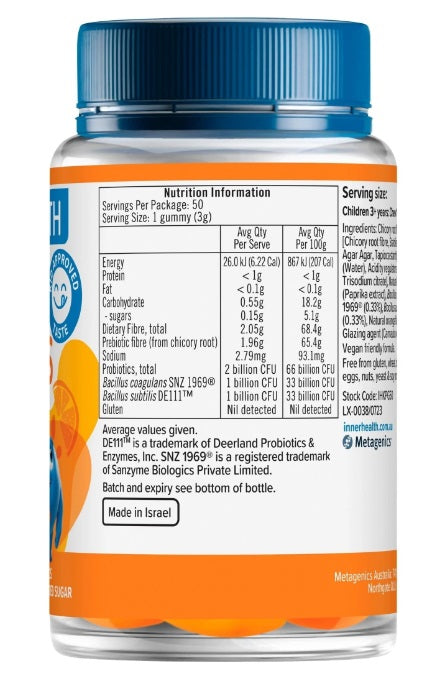 Inner Health Kids 3-in-1 Probiotic 50 Gummies - Natural Orange Flavour daily immune support,digestion,gut health,health & wellbeing,issues,Probiotic Gummies