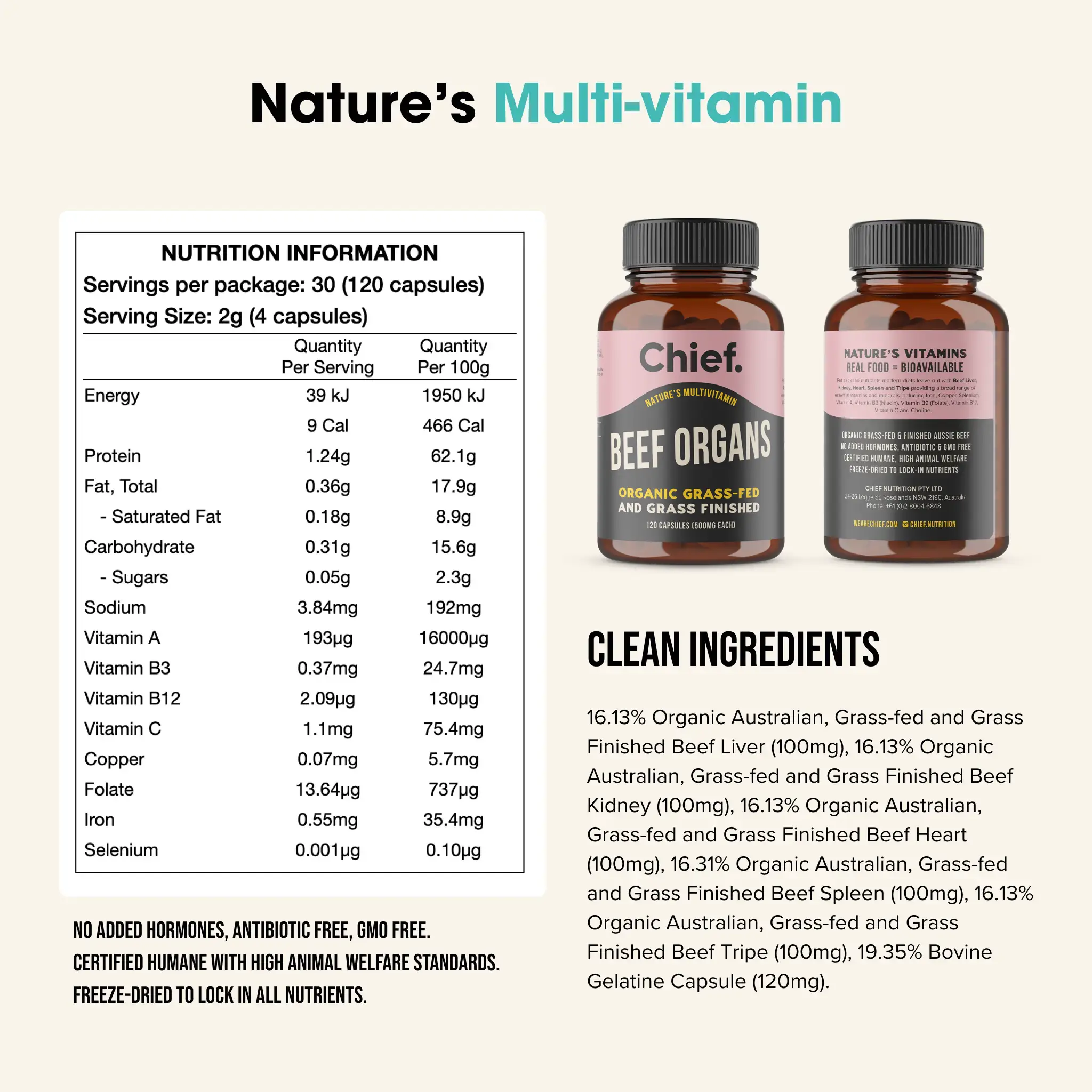 Chief Organic Beef Offal Capsules 120c - back