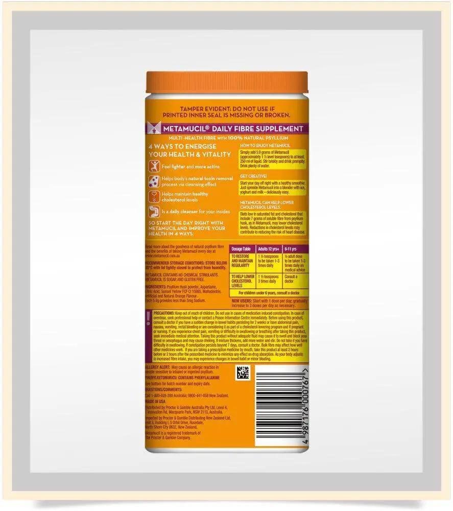 Metamucil fibre powder 425g Orange flavour constipation,fibre,haemorrhoids,husk,issues,Metamucil,psyllium,psyllium husk