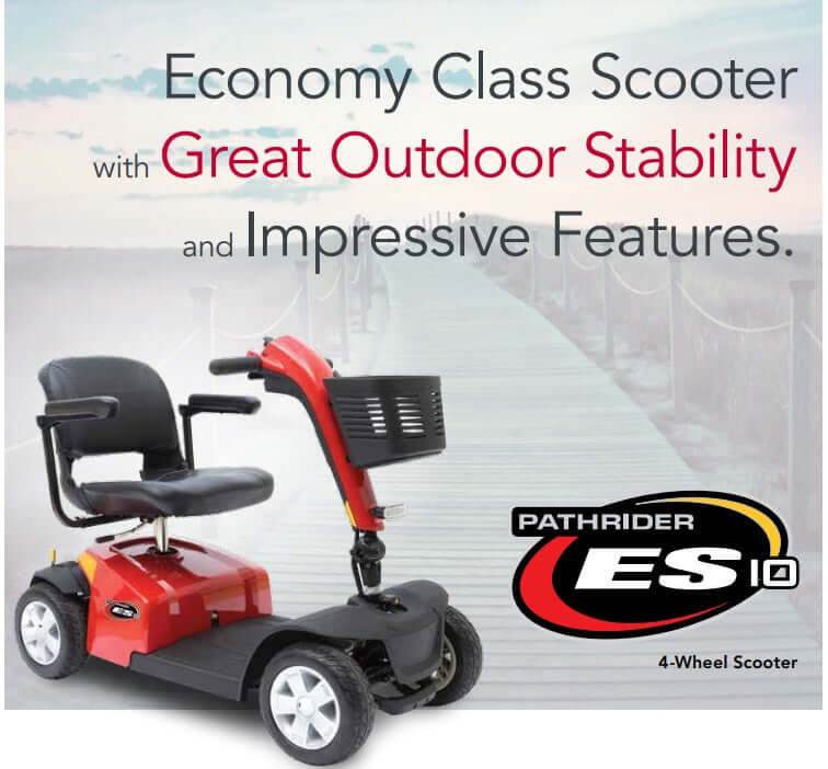 Pride Pathrider® ES 10 Mobility Scooter 300 lbs. weight capacity,Auto-connecting front-to-rear cable,Bright pathway light,Comfortable Trac Suspension,Dual 12-amp-hour batteries,Feather-touch disassembly,Four wheels for stability,High-intensity LED headlig