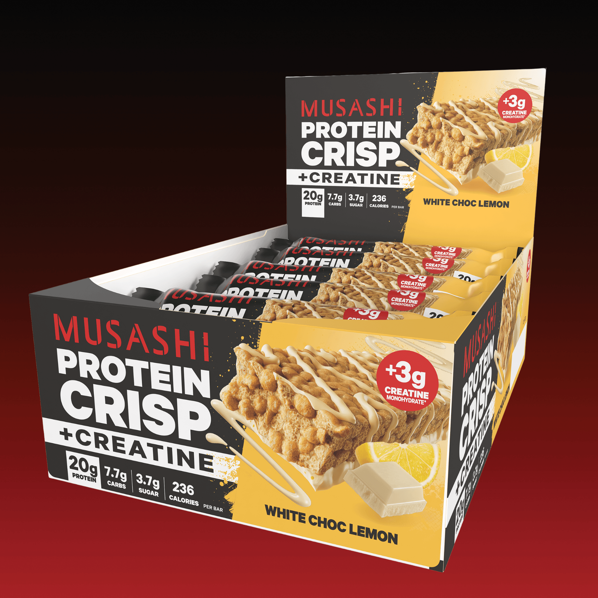 Musashi Protein Crisp + Creatine Bar White Choc Lemon Box 12 x 60g – High Protein Snack Bar
