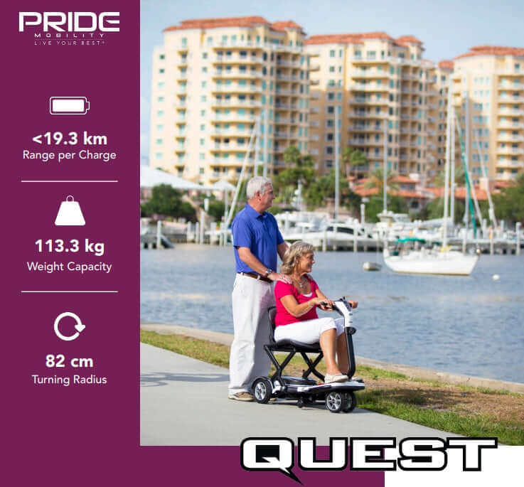 Pride Quest S19 Foldable Travel Scooter 4 Wheel Foldable Travel Scooter,Active lifestyle,Comfortable ride,Compact,Easy to operate,Effortless,Foldable,Foldable Travel Scooter,High stability,Indoors,issues,Lithium-ion battery,Maximum speed (6 km/h),Portable
