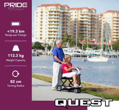 Pride Quest S19 Foldable Travel Scooter 4 Wheel Foldable Travel Scooter,Active lifestyle,Comfortable ride,Compact,Easy to operate,Effortless,Foldable,Foldable Travel Scooter,High stability,Indoors,issues,Lithium-ion battery,Maximum speed (6 km/h),Portable