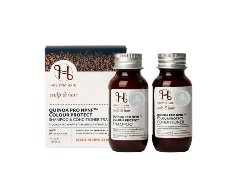 Holistic Quinoa Pro NPNF™ Colour Protect Shampoo & Conditioner 50ml Travel Set Aids Styling,benefits of hair,Chemically treated hair,Colour Protect Shampoo,colour retention,Coloured hair,Conditions and Combats frizz,Curly hair,Damaged hair,dehydrated hair