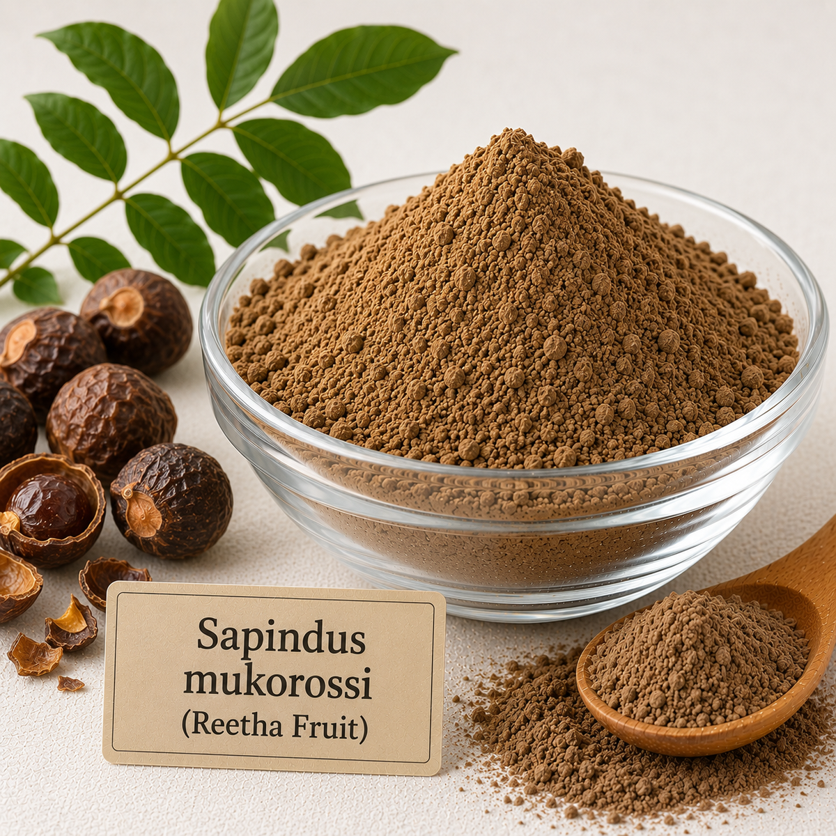 Radico Organic Reetha Fruit Powder beside dried Sapindus mukorossi fruit