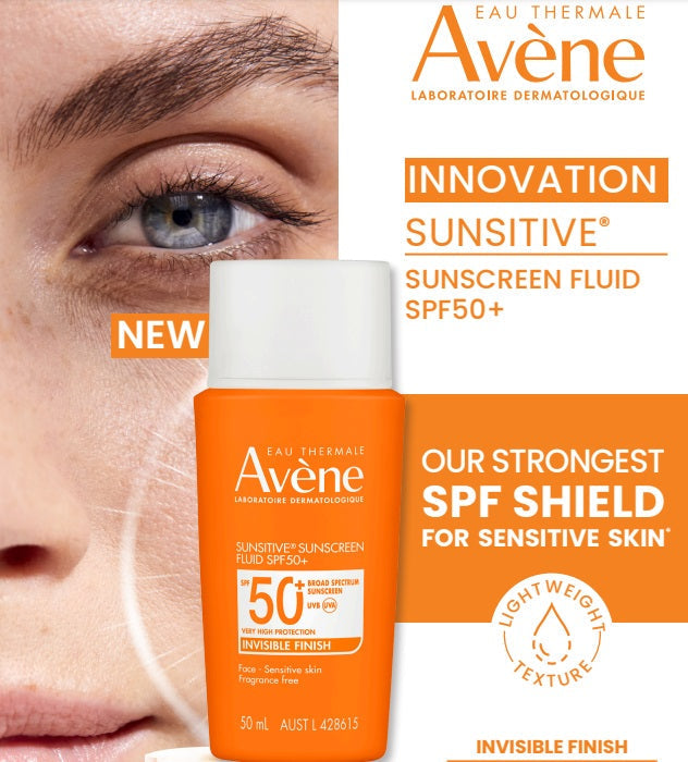 Avène Sunsitive Fluid SPF50+ 50ml (Suitable for use under makeup,4 hours water resistant,Aveeno Skin Relief Body Wash,Avene SPF 50+,Avène dermatological expertise,Baby skin care condition,cheaper than chemist warehouse,Clear Skin,clinically tested,Combina