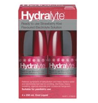 Hydralyte Strawberry Kiwi Flavoured Electrolyte Solution 4 x 250ml dehydration,electrolyte,hydralyte,issues