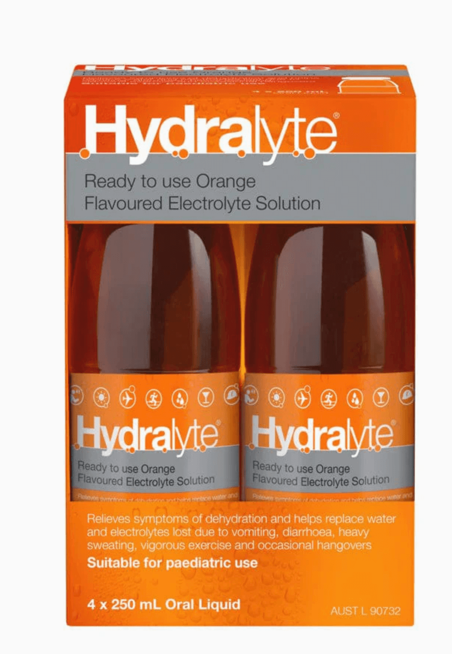 Hydralyte Orange Flavoured Electrolyte Solution 4 x 250ml dehydration,electrolyte,hydralyte,issues
