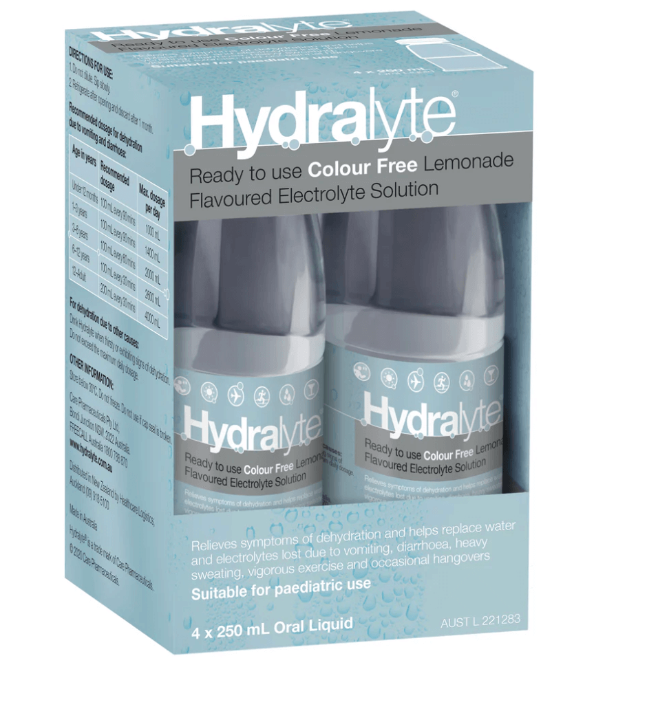 Hydralyte Lemon Flavoured Electrolyte Solution 4 x 250ml dehydration,electrolyte,hydralyte,issues