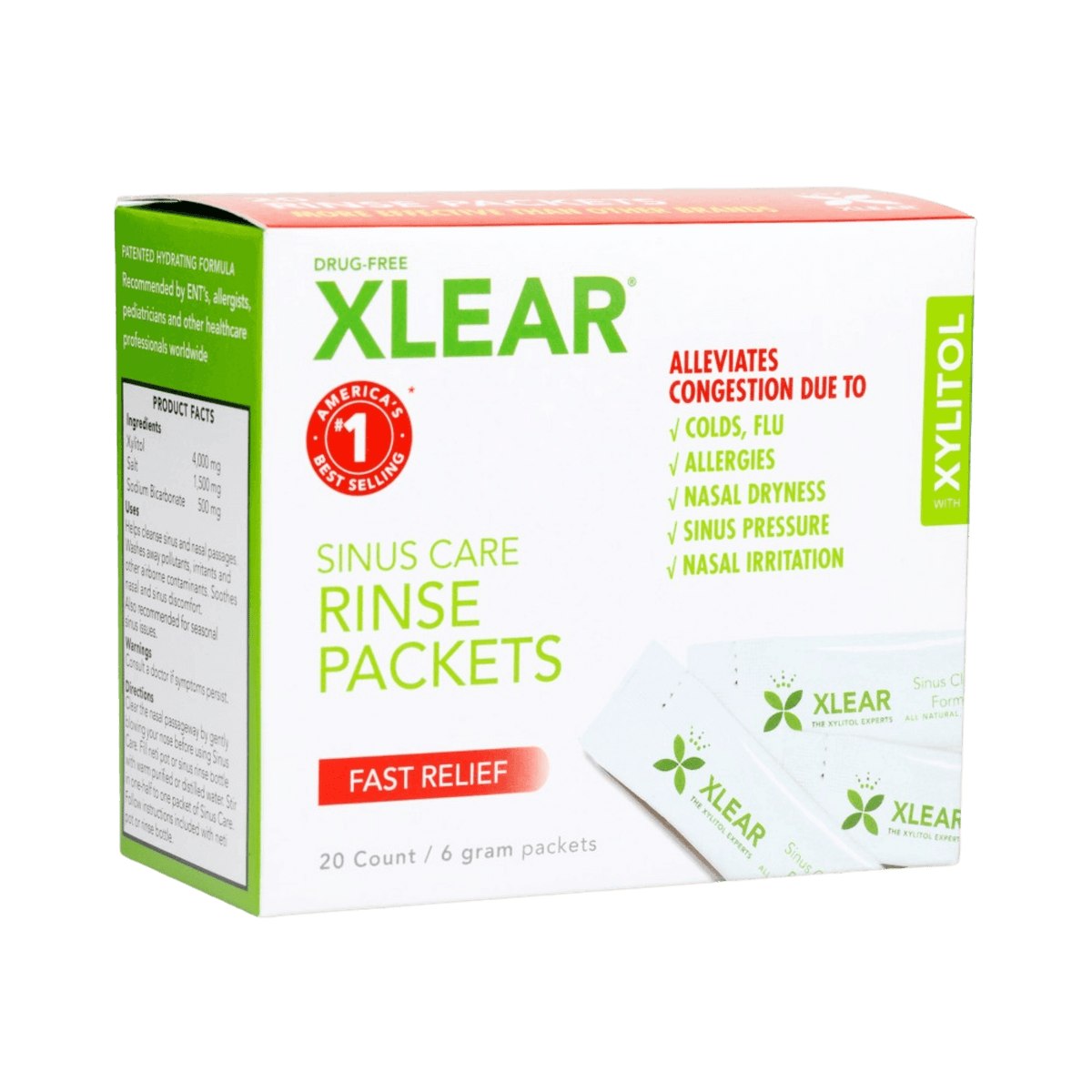xlear sinus rinse refills box with 20 packets for fast relief from sinus issues and allergies.