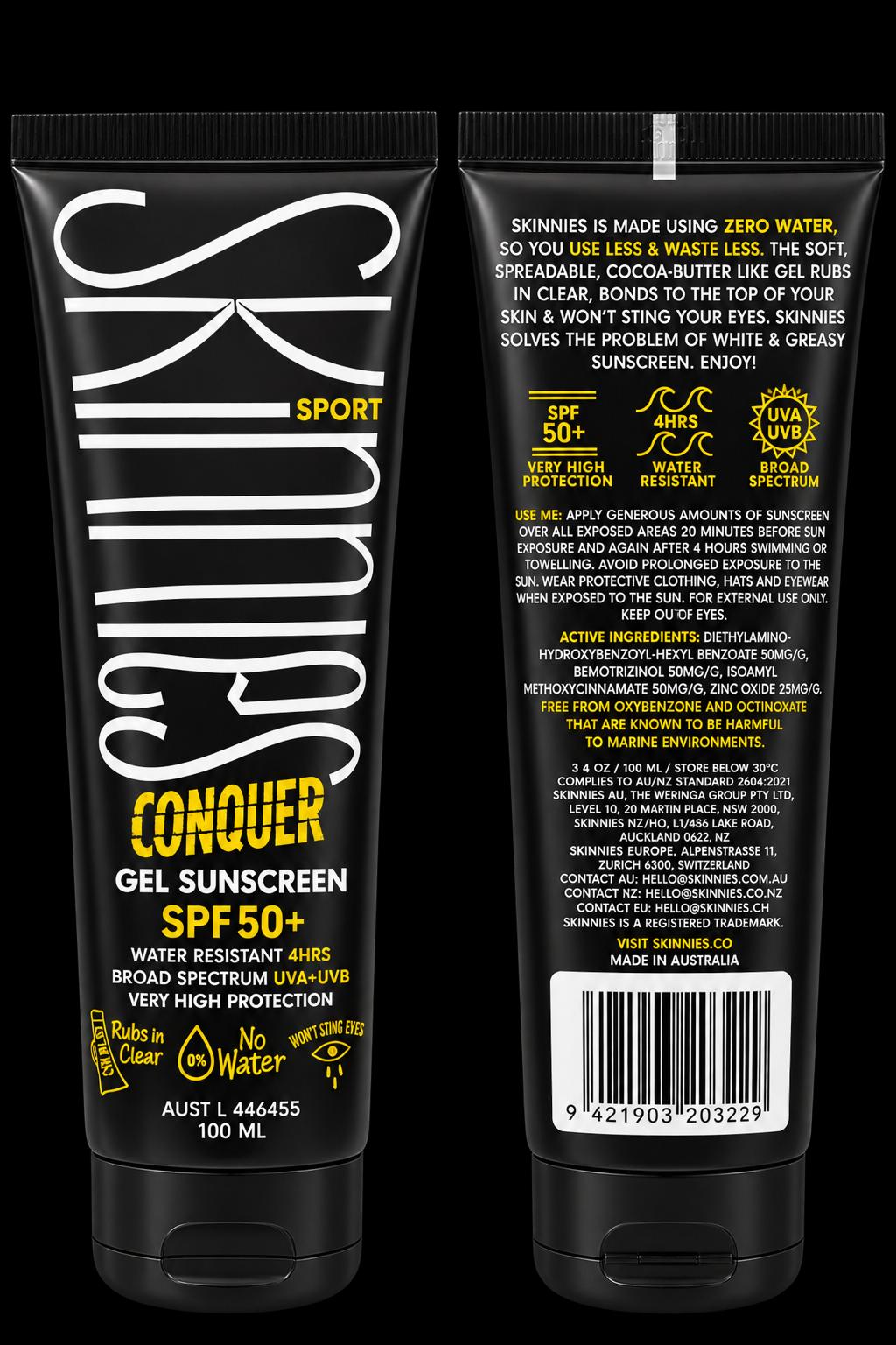 Skinnies Conquer SPF50+ Sunscreen Long-Lasting UV Protection Water Resistant For Face And Body