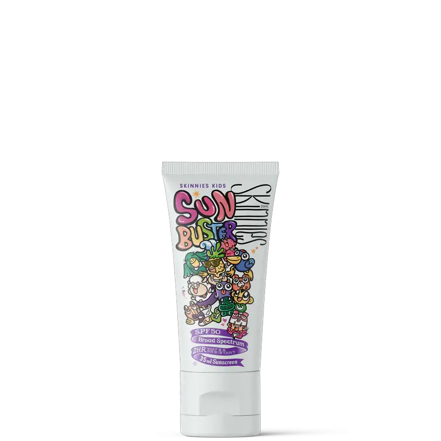 Sun Busters sunscreen tube with colorful design on a white background