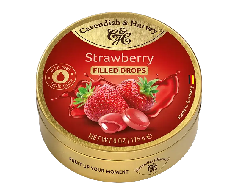 Cavendish & Harvey Strawberry Filled Drops Soft-Filled Center Premium Candy Tin 175g