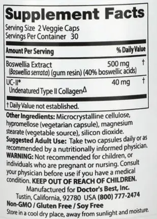 Doctor's Best Boswellia with UC II, 60 Veggie Caps collagen,Dietary Supplement,health of joint components,issues,nutrition,Supports Joint Health