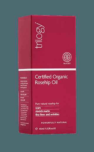 Trilogy Certified Organic Rosehip Oil 45ml nourishing oil for scars and stretch marks, featuring organic rosehip oil.