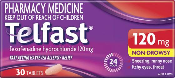 Telfast 120mg 30 Tablets - Allergy Relief and Antihistamine Formula anti histamine,non drowsy anti histamine,optimized,telfast