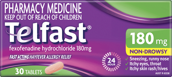 Telfast 180mg 30 Tablets Pharmacy Medicine Quantity Restriction 3 Applies anti histamine,fast acting,fexofenadine,issues,non drowsy,telfast