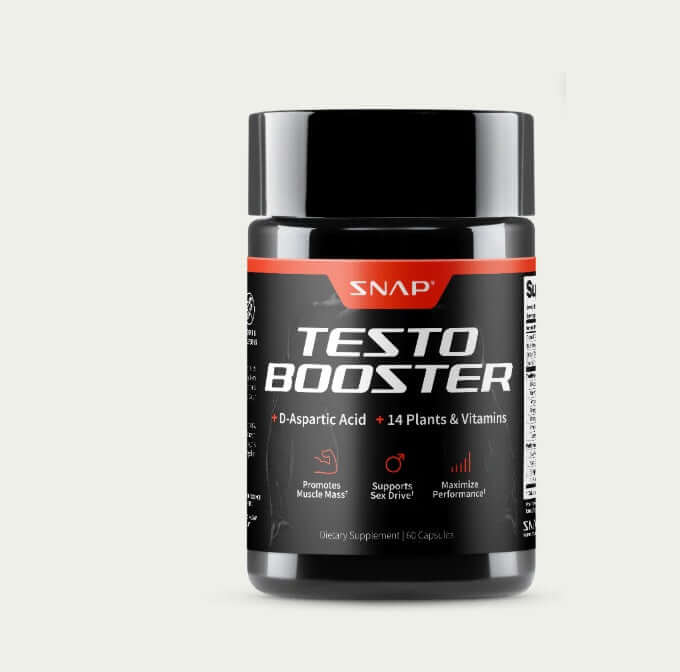 Testo Booster natural testosterone support supplement bottle with D-Aspartic acid and 14 plants and vitamins.