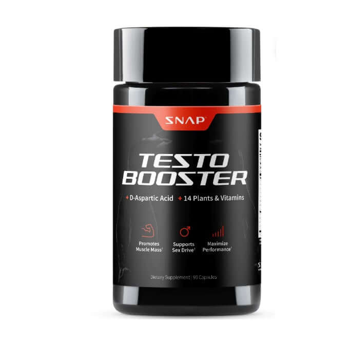 Testo Booster natural testosterone supplement bottle featuring D-Aspartic acid and 14 plants & vitamins for muscle support.