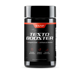 Testo Booster natural testosterone supplement bottle featuring D-Aspartic acid and 14 plants & vitamins for muscle support.