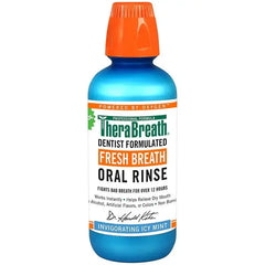 Therabreath fresh breath rinse bottle with invigorating icy mint flavor, fights bad breath for 24 hours.