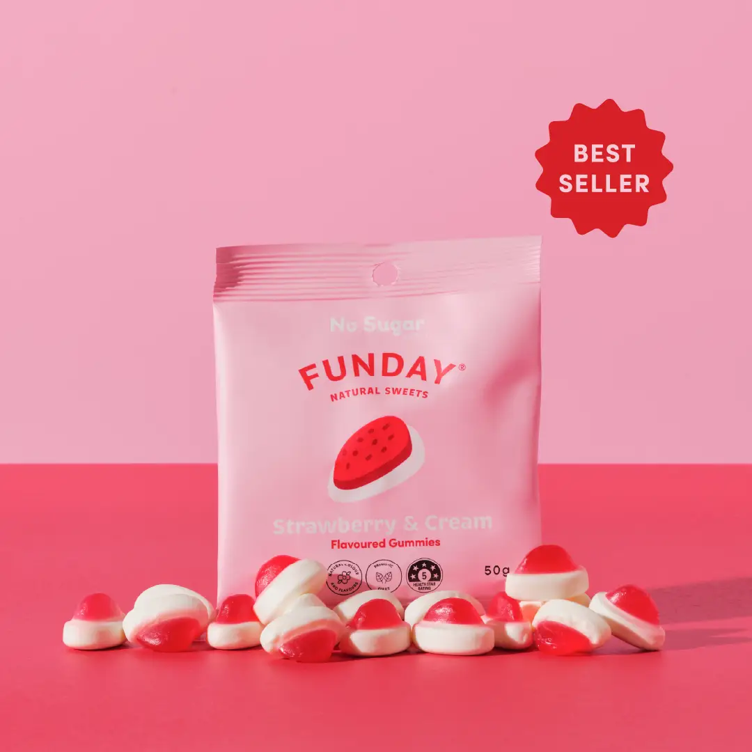 Funday Natural Sweets Strawberry & Cream 50g | Sugar-Free Strawberry Cream Gummies