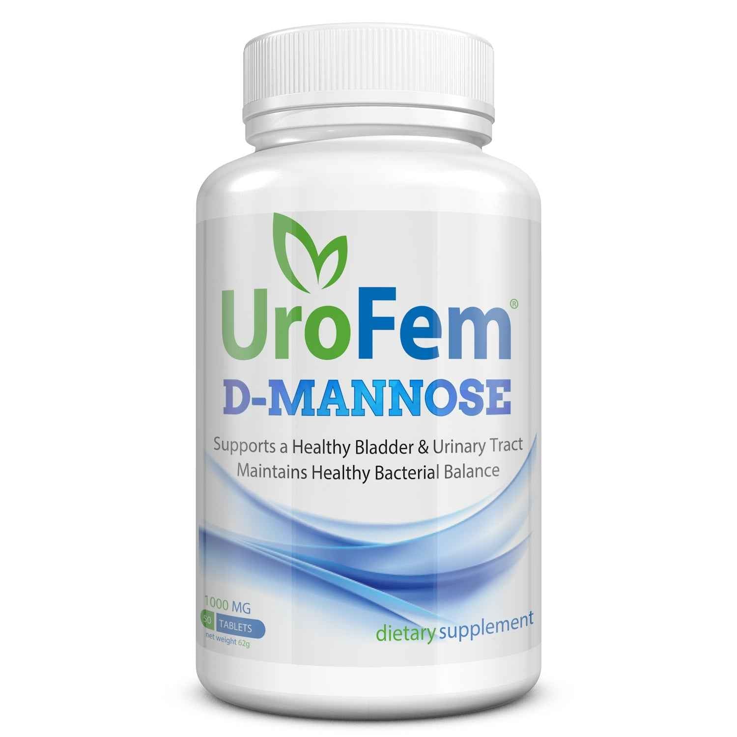 UroFem D-Mannose 1000mg dietary supplement for urinary health with 50 tablets, supports bladder and bacterial balance.