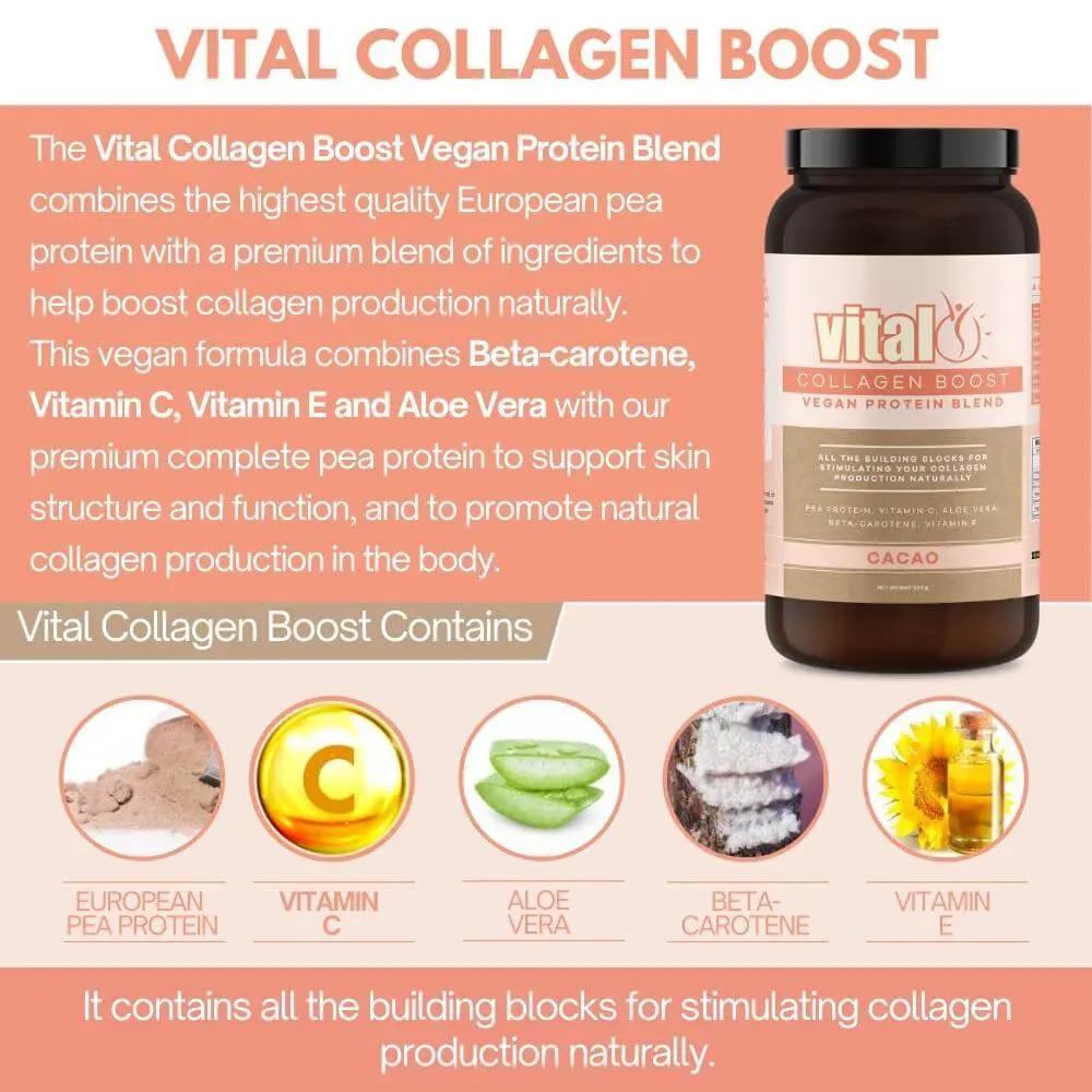 Vital Collagen Boost Vegan Protein Blend Cacao 500GM Active Recovery Plant Formula,Active Recovery PlantFormula,advanced recovery,collagen,collagen Boost,collagen formula,Collagen Protein,Collagen Protein Chocolate,collagen repair,collagen support,Comfort