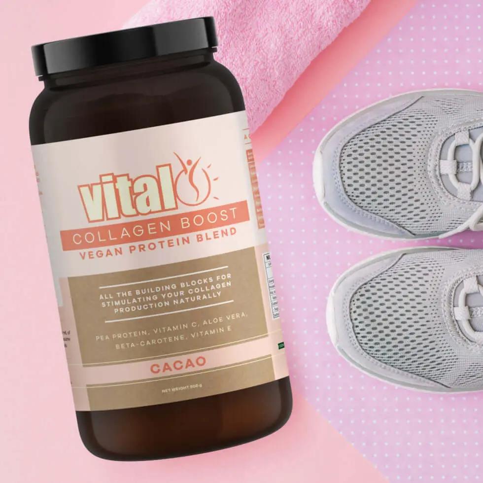 Vital Collagen Boost Vegan Protein Blend Cacao 500GM Active Recovery Plant Formula,Active Recovery PlantFormula,advanced recovery,collagen,collagen Boost,collagen formula,Collagen Protein,Collagen Protein Chocolate,collagen repair,collagen support,Comfort