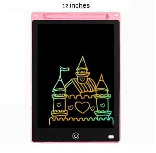 Rechargeable writing tablet showcasing a colorful drawing of a castle on a 12-inch screen.