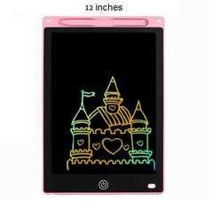 Rechargeable writing tablet showcasing a colorful drawing of a castle on a 12-inch screen.