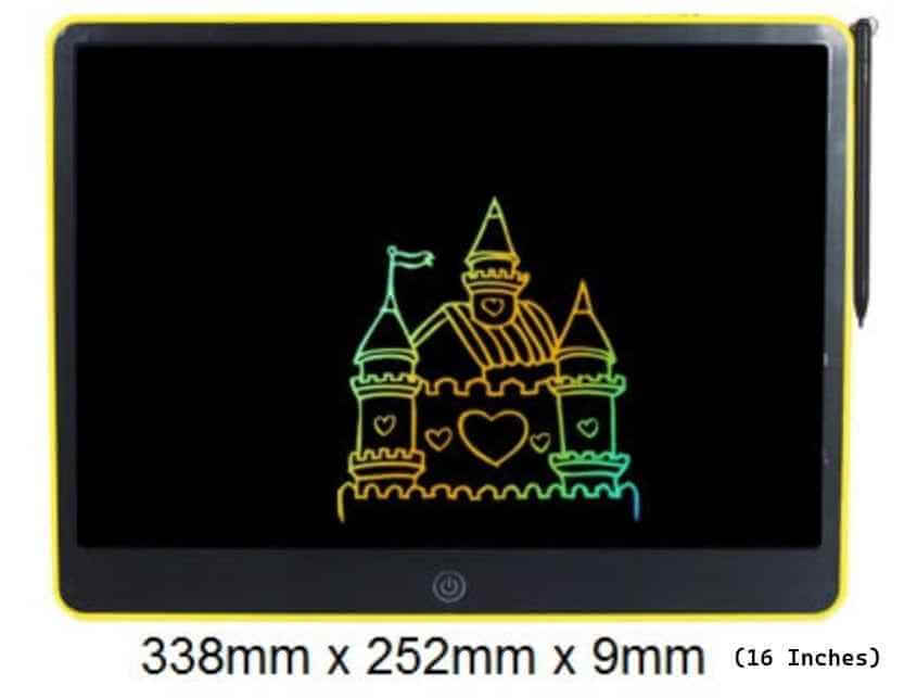 Rechargeable writing tablet displaying a colorful drawing of a castle, showcasing its 16 inches screen size.